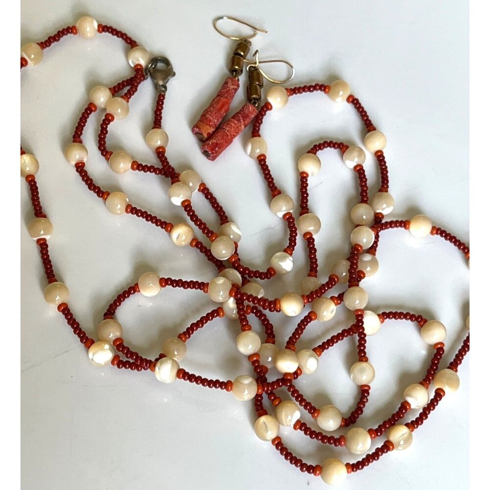 Boho Bead Necklace Long Red Pearlescent Earrings Bundle Fall Accessories Jewelry - Picture 8 of 11